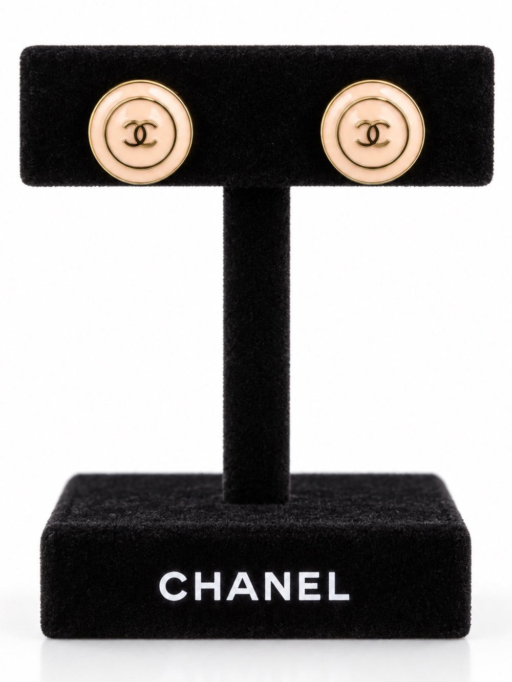 CHANEL Cream and Gold Round CC Button Earrings